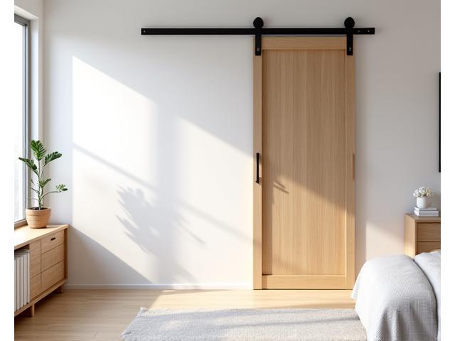 Custom minimalist wooden sliding door for a closet, blendings seamlessly into a modern apartment bedroom